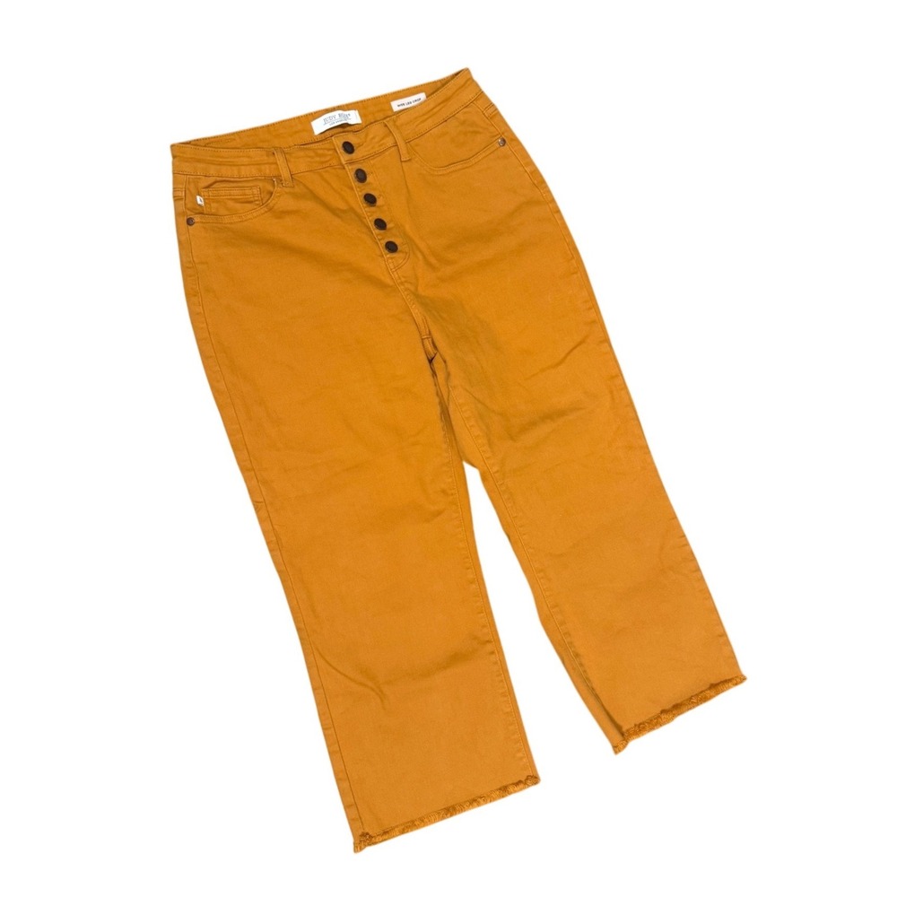 Judy Blue Wide Leg Crop Jeans Mustard Yellow Button Fly Raw Hem Size 32